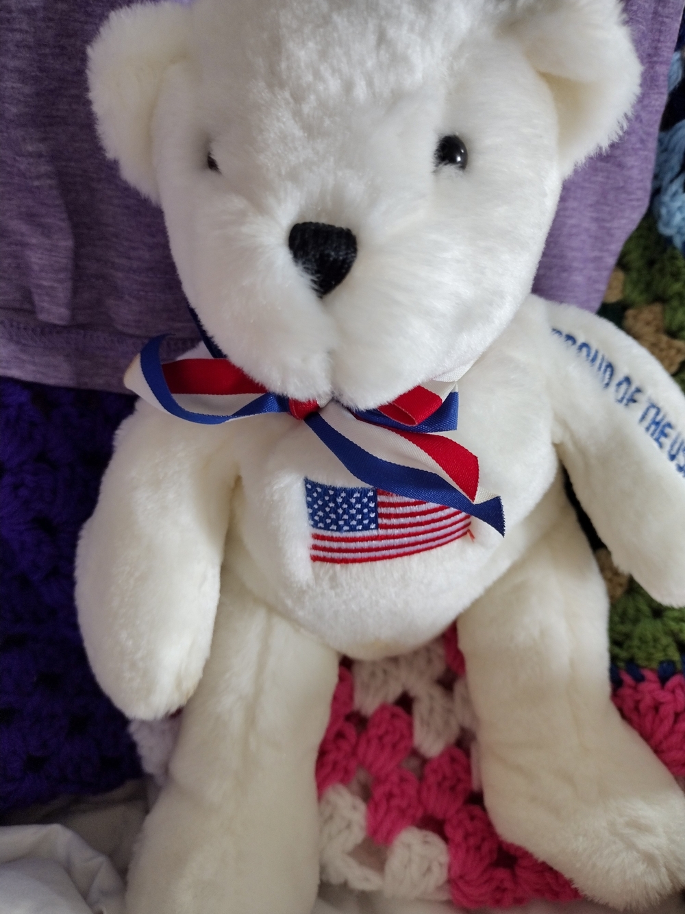 Cabela's White Patriotic Bear with American Flag Patch and Red-White-Blue Bow - Picture 5 of 5